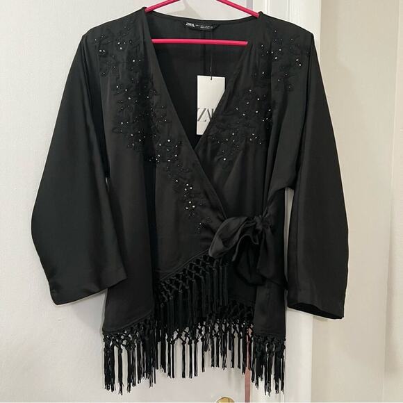 Zara Black FRINGED EMBROIDERED KIMONO TOP Size Small - Picture 8 of 11
